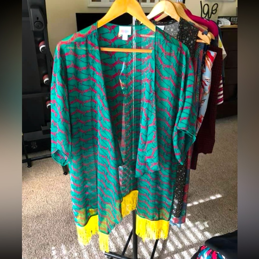 “Monroe” Duck Print Boho Fringe Edge Kimono Cardi NWOT (S)